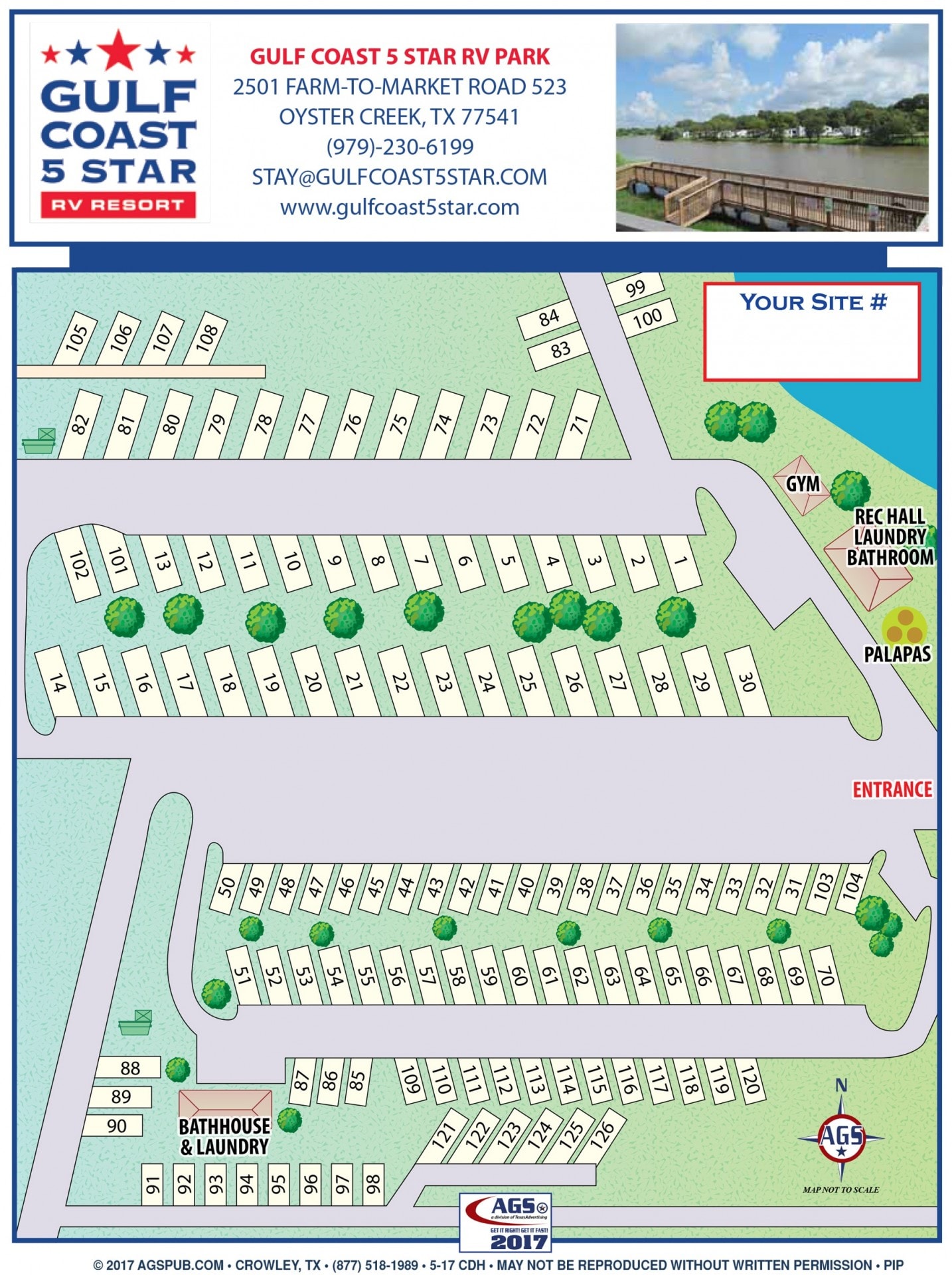 Gulf Coast 5 Star RV Resort site map showing all 126 lots, gym, rec hall, laundry, bathhouse, and palapas